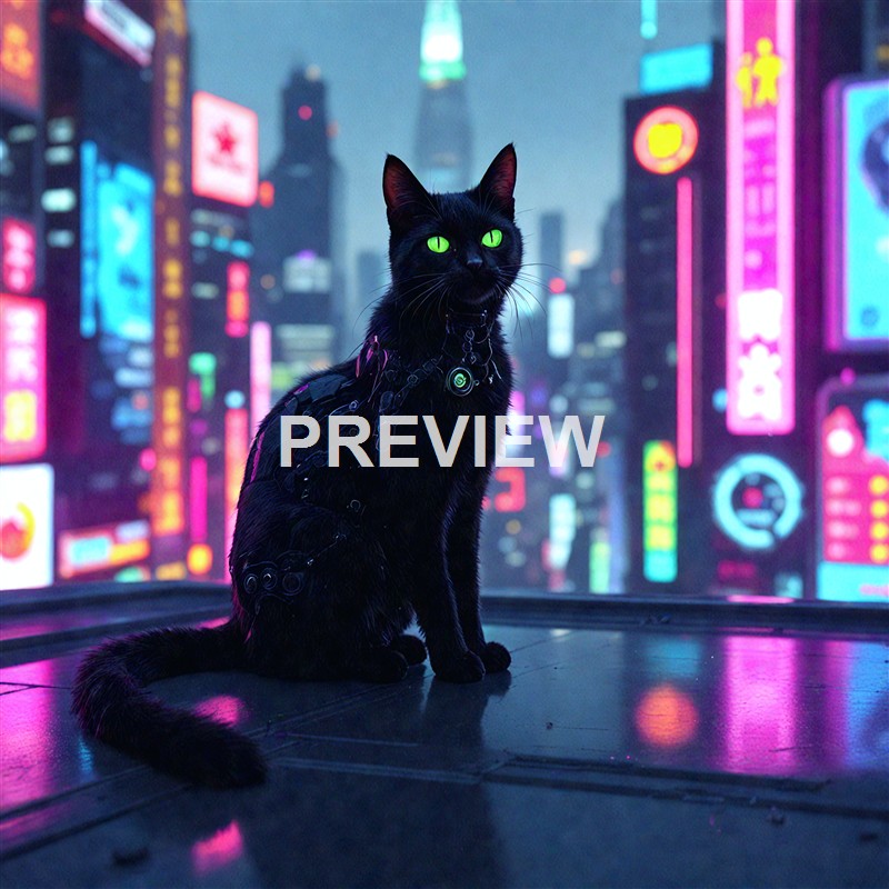 A black cat with bright green eyes is sitting on a reflective surface in front of a brightly lit, futuristic cityscape filled with colorful neon signs.